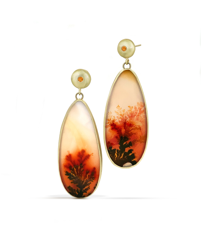 dendritic agates in green gold bezels suspended from green gold button earrings set with peach sapphires