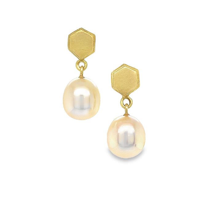 Hexagon Pearl Earrings in 18K Green Gold