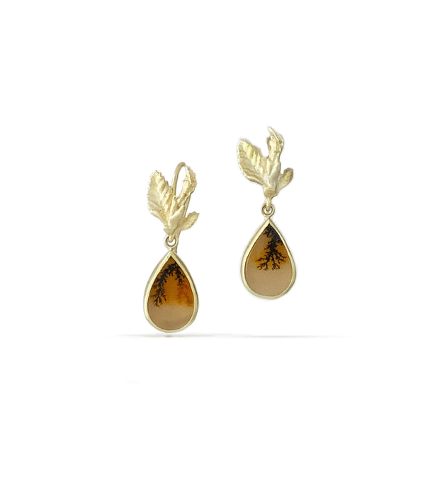 A Tree Grows Dendritic Agate Pear Earrings in 14K Green Gold