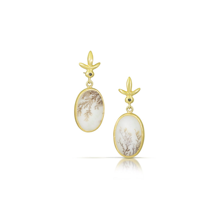 Petite Fleur Earrings with Dendritic Agate in 18K Green Gold with Black Diamonds