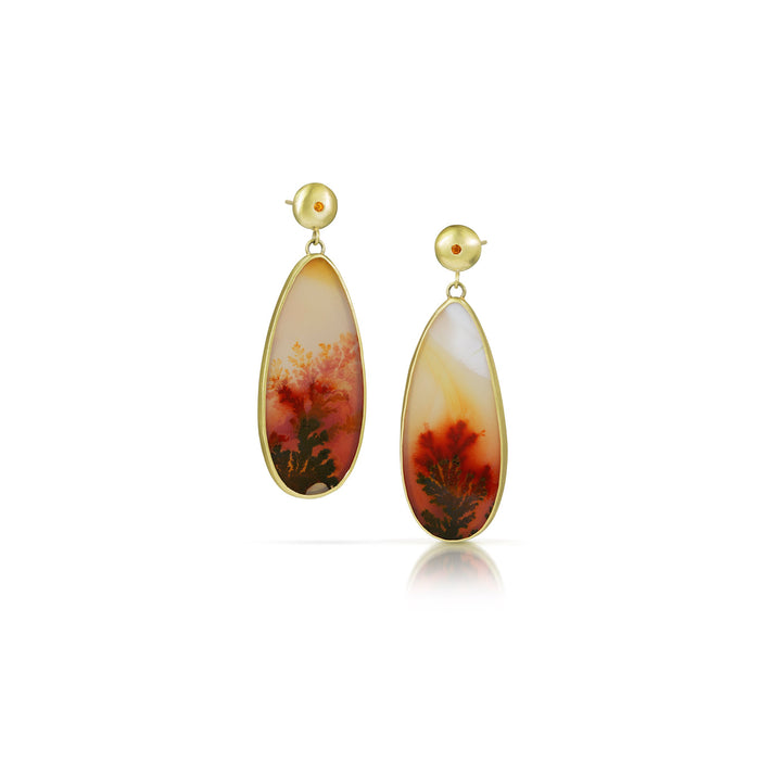 Dendritic Agate Wish Earrings with Peach Sapphires in 14K Green Gold