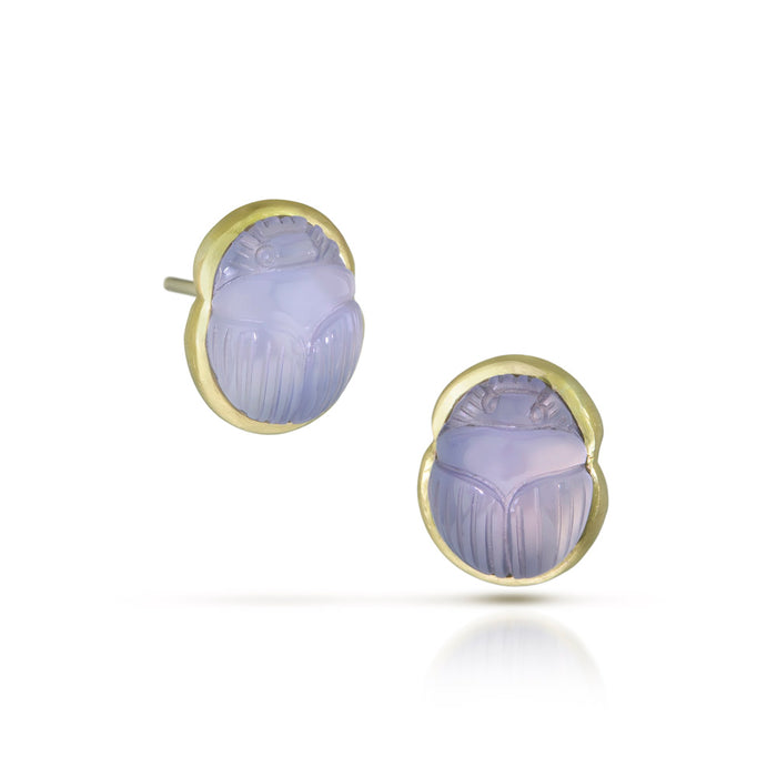 Chalcedony Scarab Stud Earrings in 14K and 18K Green Gold