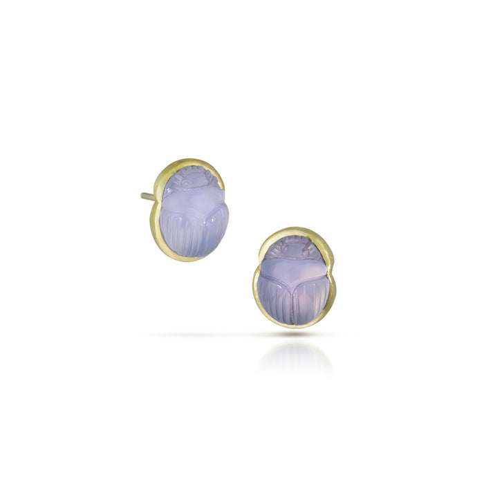 Chalcedony Scarab Stud Earrings in 14K and 18K Green Gold