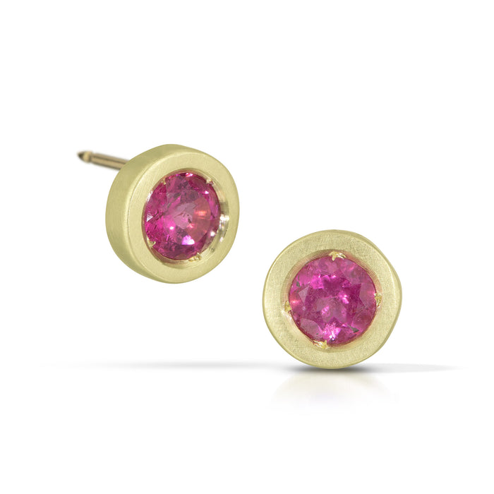 Perfect Stud Earrings with Pink Tourmaline in 14K Green Gold
