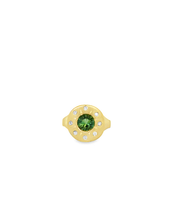 Halo Ring with Green Tourmaline and Colorless Diamonds in 14K Fairmined Green Gold