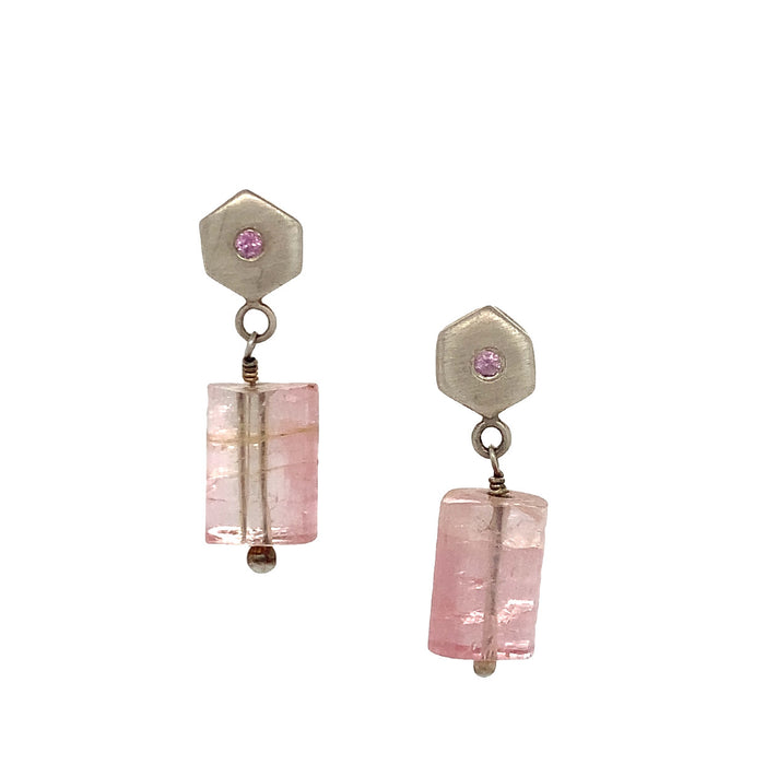 Hexagon Earrings with Pink Tourmaline Crystal and Pink Sapphires in sterling silver