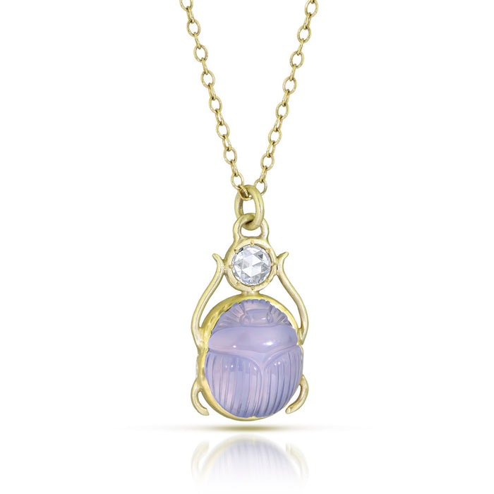Chalcedony Scarab Necklace with Rose-Cut Diamond Halo in 14K Green Gold