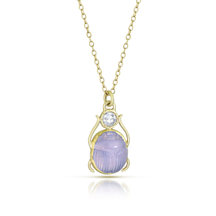 Chalcedony Scarab Necklace with Rose-Cut Diamond Halo in 14K Green Gold
