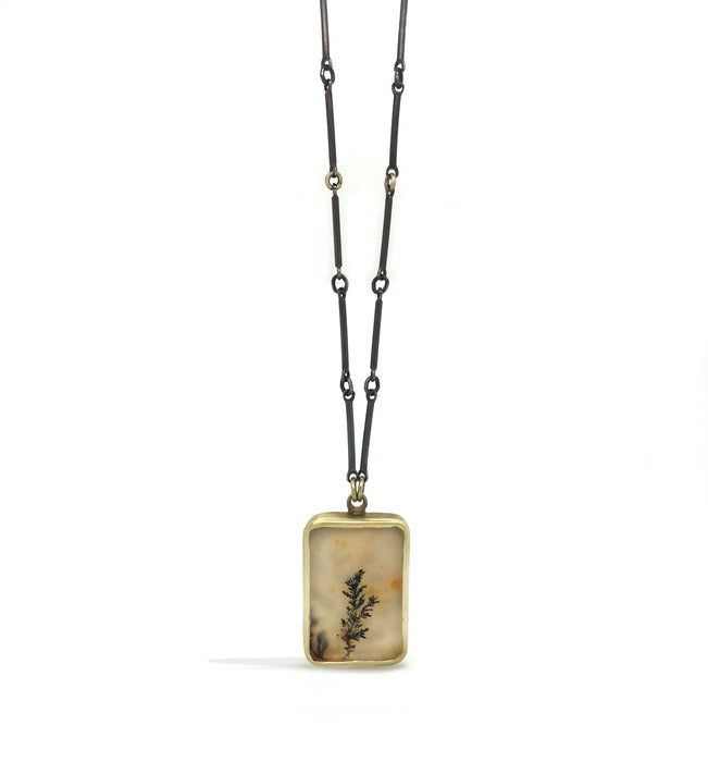 Dendritic Agate Rectangle Bezel Necklace in 14K Green Gold and Blackened Sterling Silver