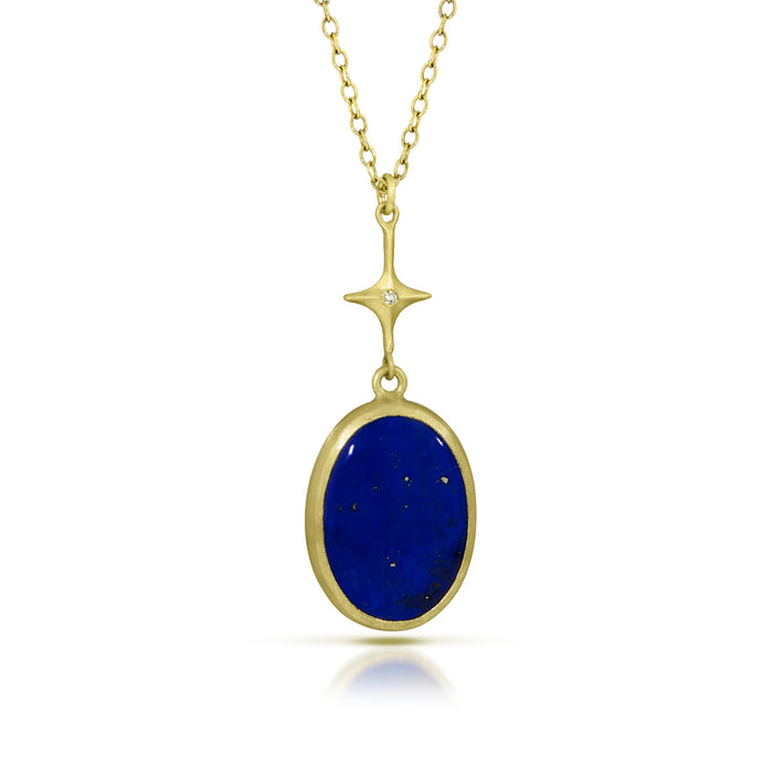 Stella Necklace with Lapis Lazuli Oval Cabochon and Diamond in 18K and 14K Green Gold
