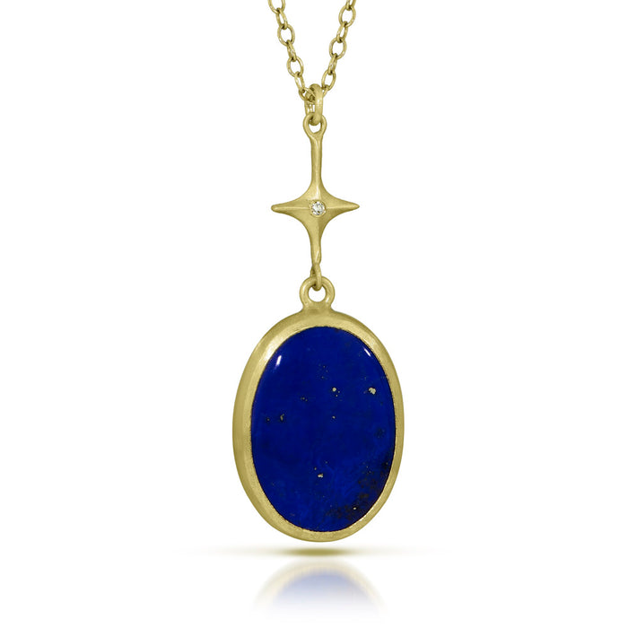 Stella Necklace with Lapis Lazuli Oval Cabochon and Diamond in 18K and 14K Green Gold