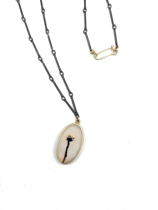 Dendritic Agate Oval Dandelion Necklace in 14K Green Gold and Blackened Sterling Silver