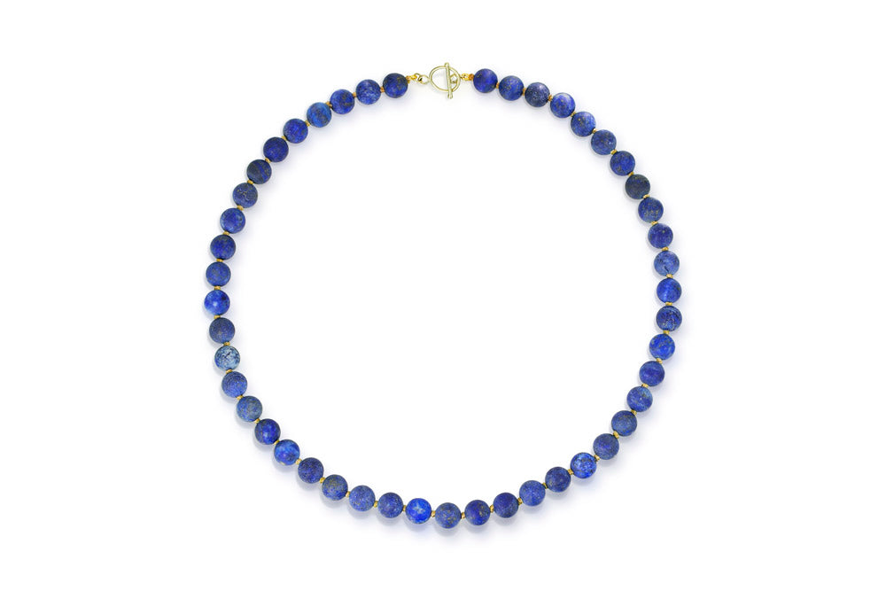 Lapis Lazuli Matte Round Bead Necklace with 14K Green Gold Toggle Clasp