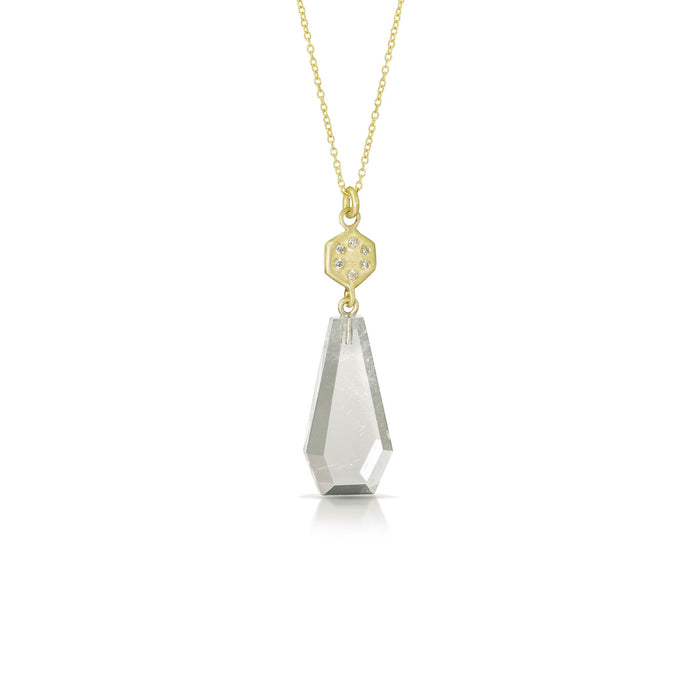 Hexagon Drop Necklace with Quartz Kite and  Diamonds in 14K Green Gold