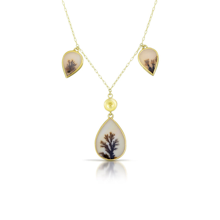 Temple Dendritic Agate Triple Drop Necklace in 14K and 18K Green Gold