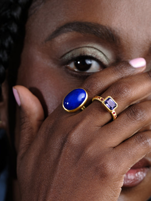 Lapis Oval Cabochon Double Band Ring in 18K and 14K Green Gold