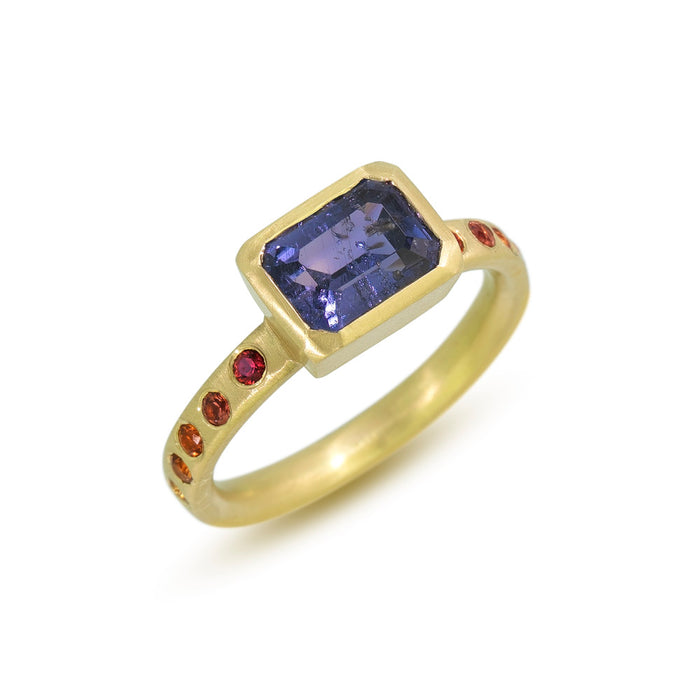 East-West Ring with Purple Sapphire and Ombre Orange Sapphires in 18K Fairmined Green Gold