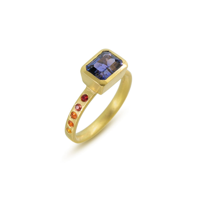 East-West Ring with Purple Sapphire and Ombre Orange Sapphires in 18K Fairmined Green Gold