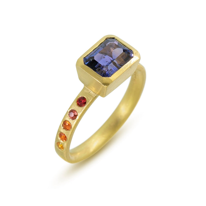 East-West Ring with Purple Sapphire and Ombre Orange Sapphires in 18K Fairmined Green Gold