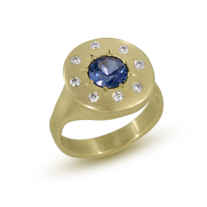 Halo Ring with Blue Sapphire and Colorless Diamonds in 14K Fairmined Green Gold