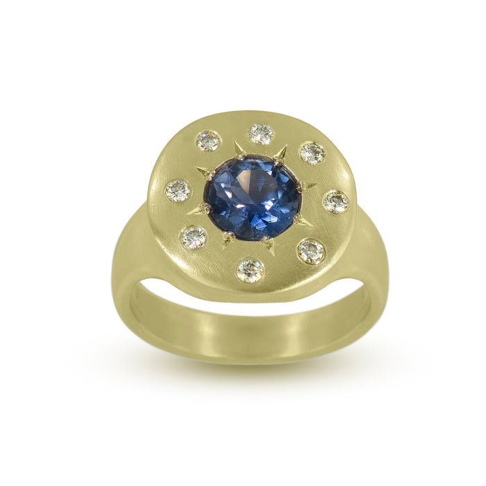 Halo Ring with Blue Sapphire and Colorless Diamonds in 14K Fairmined Green Gold