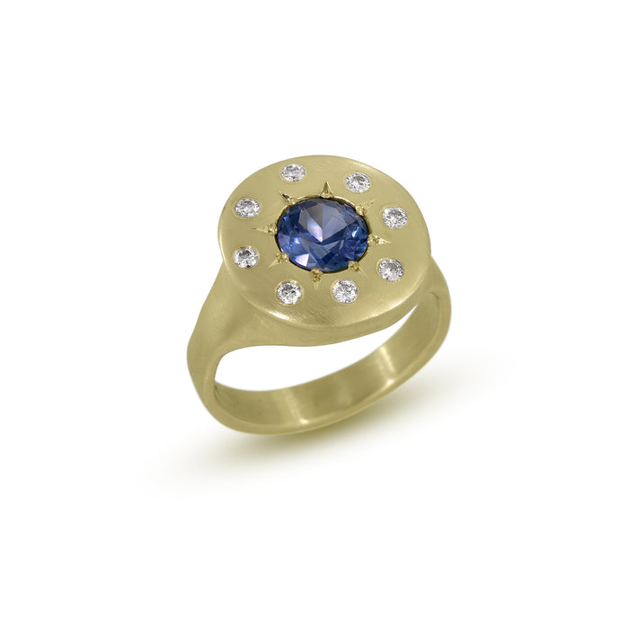 Halo Ring with Blue Sapphire and Colorless Diamonds in 14K Fairmined Green Gold