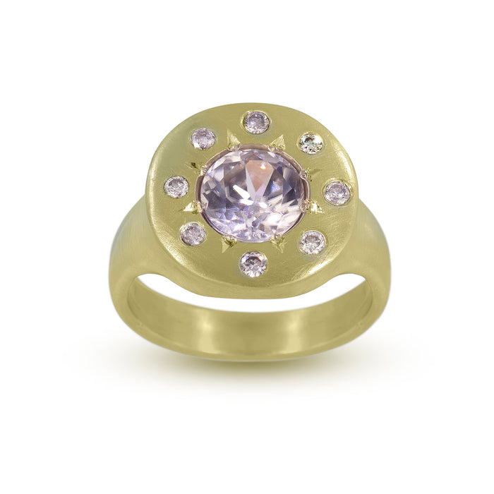 Halo Ring with Lavender Zircon and Argyle Pink Diamonds in 14K Fairmined Green Gold