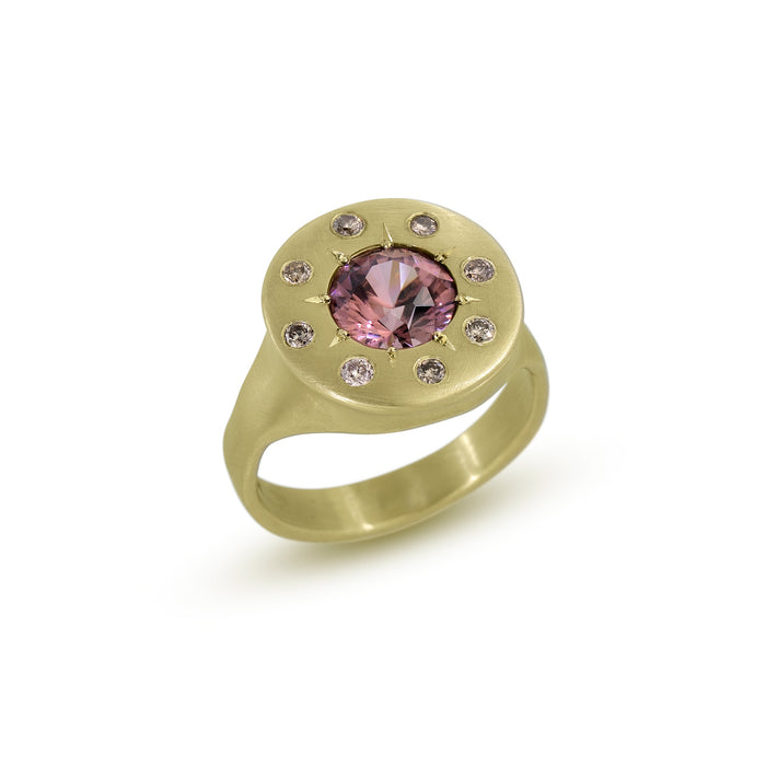 Halo Ring with Rose Zircon and Champagne Diamonds in 14K Fairmined Green Gold