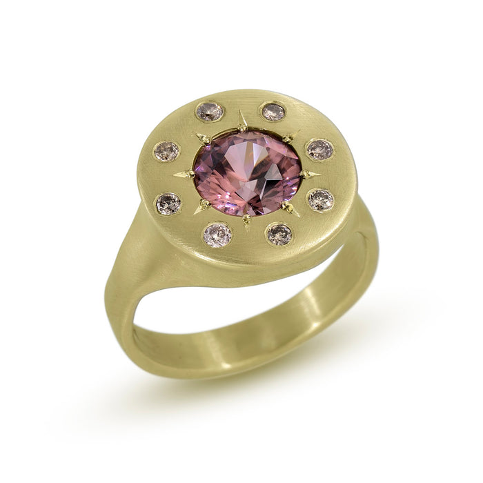 Halo Ring with Rose Zircon and Champagne Diamonds in 14K Fairmined Green Gold