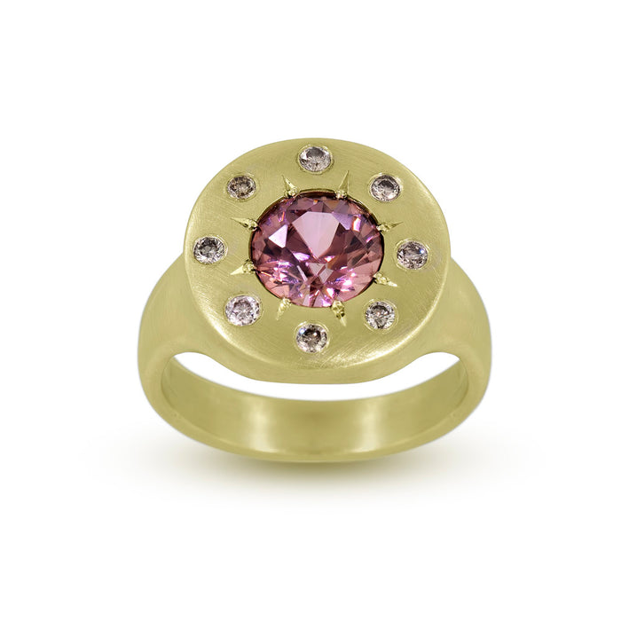 Halo Ring with Rose Zircon and Champagne Diamonds in 14K Fairmined Green Gold