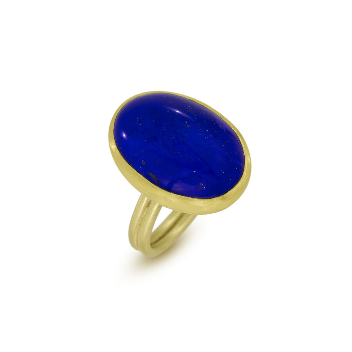 Lapis Oval Cabochon Double Band Ring in 18K and 14K Green Gold