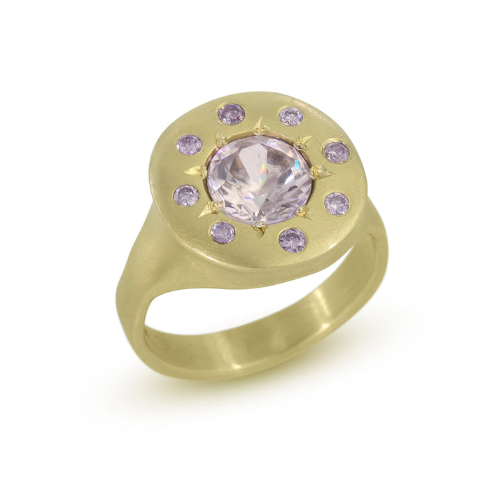 Halo Ring with Lavender Zircon and Argyle Pink Diamonds in 14K Fairmined Green Gold