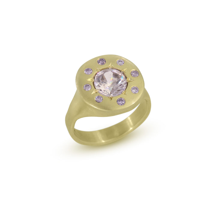 Halo Ring with Lavender Zircon and Argyle Pink Diamonds in 14K Fairmined Green Gold