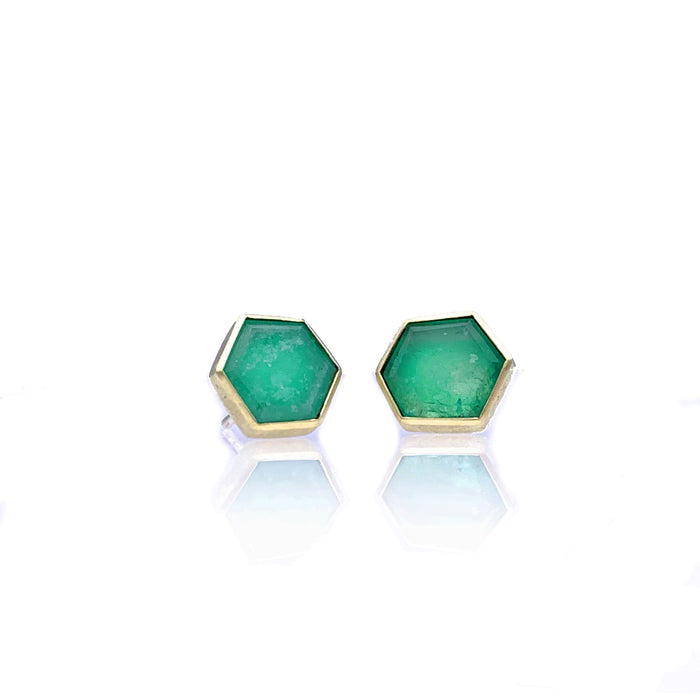 Emerald Hexagon Bezel Earrings in 14K Green Gold