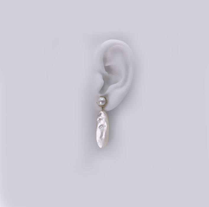 Snow Drop Earrings with Pearl and Long Mother of Pearl in 14K Green Gold