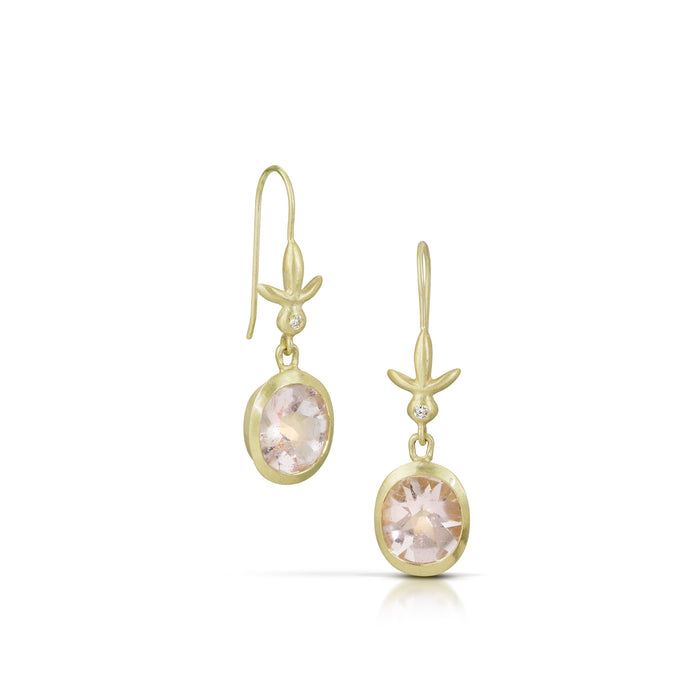 Amphora Earrings with Buff Top Morganite and Petite Fleur Ear Wires with Diamonds in 14K Green Gold