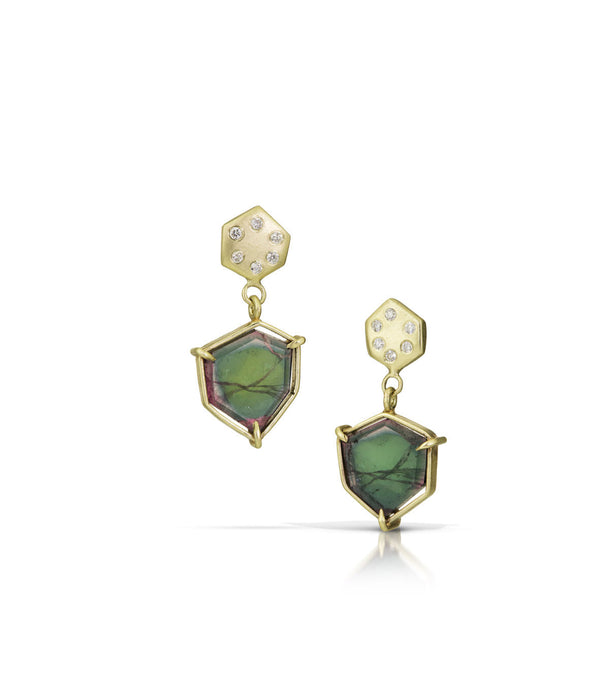 Double Hexagon Earrings with Green Tourmaline and Diamonds in 14K Green Gold