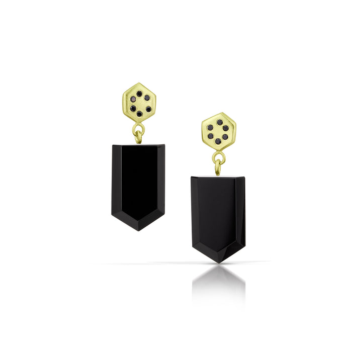 Hexagon Pentagon Onyx Drop Earrings in 14K Green Gold with Black Sapphires