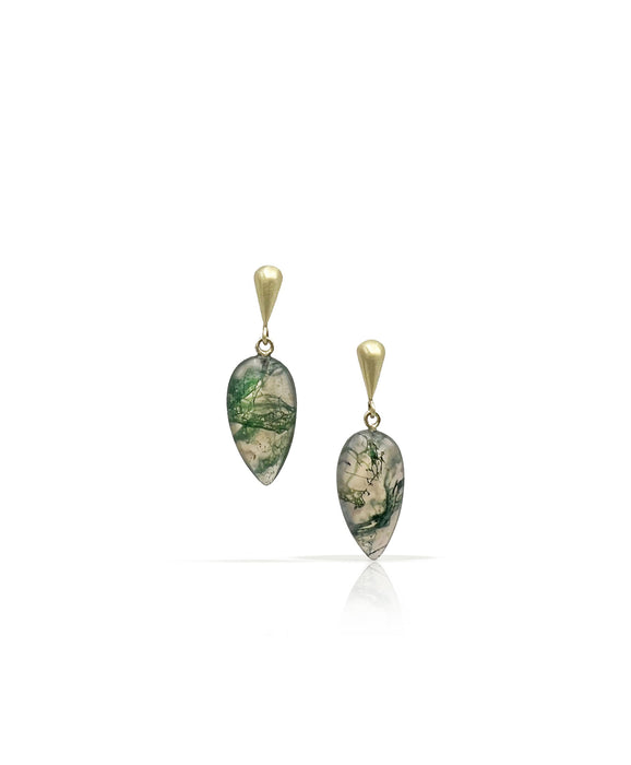 Moss Agate Lacryma Earrings in 14K Green Gold