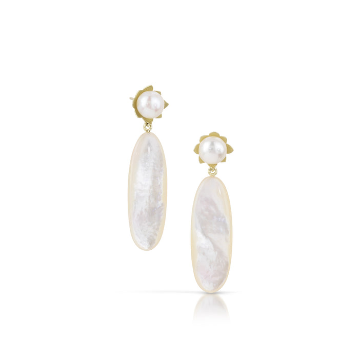 Snow Drop Earrings with Pearl and Long Mother of Pearl in 14K Green Gold