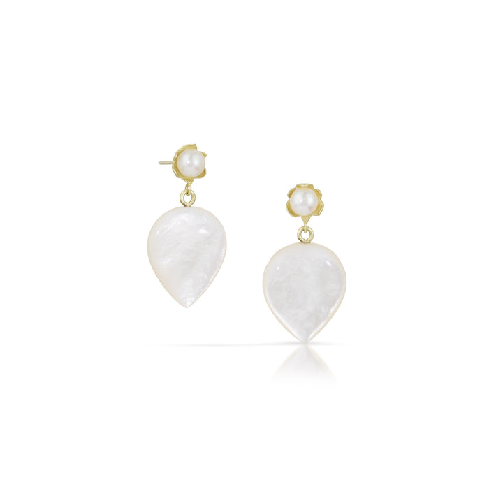 Snow Drop Pearl and Mother of Pearl Petal Drop Earrings in 14K Green Gold