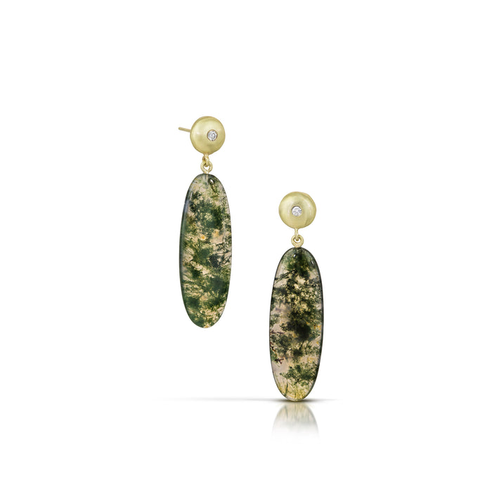 Moss Agate Wish Drop Earrings with Diamonds in 14K Green Gold