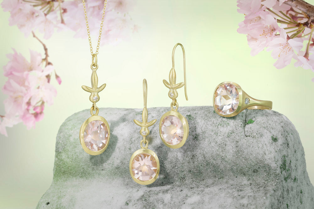 Amphora Earrings with Buff Top Morganite and Petite Fleur Ear Wires with Diamonds in 14K Green Gold