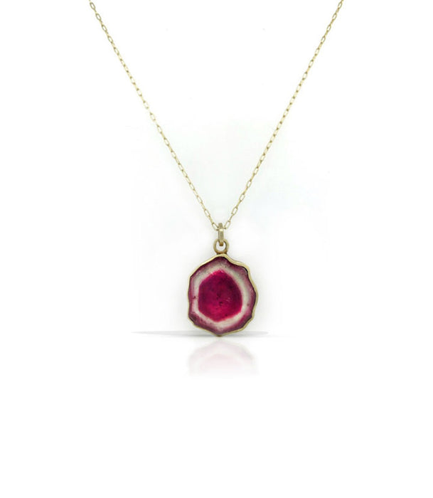 Rubellite Tourmaline Slice Bezel Necklace in 14K Green Gold and Fine Silver on 22/24" Chain Chain