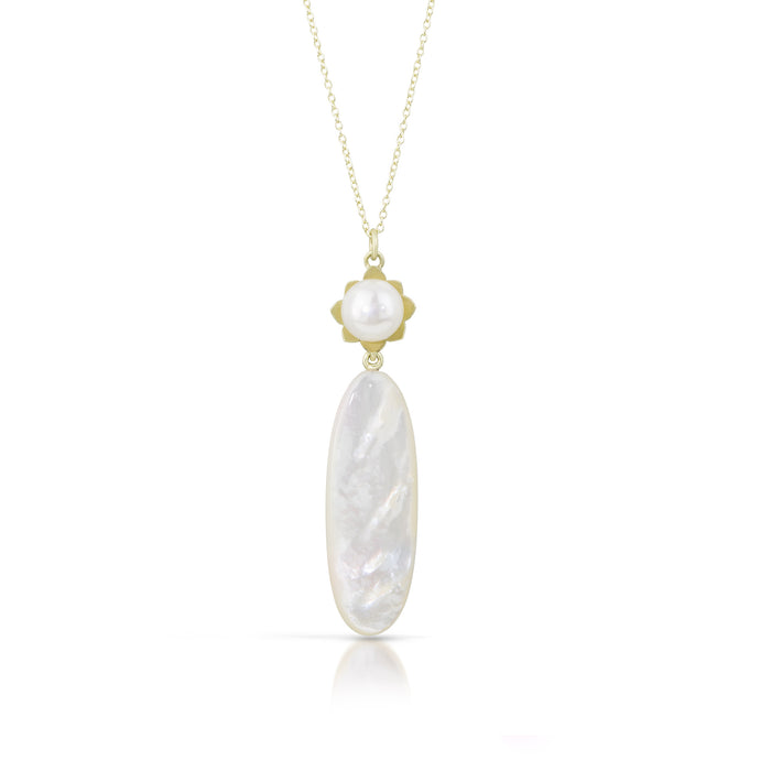 Snow Drop Necklace with Pearl and Mother of Pearl in 14K Green Gold