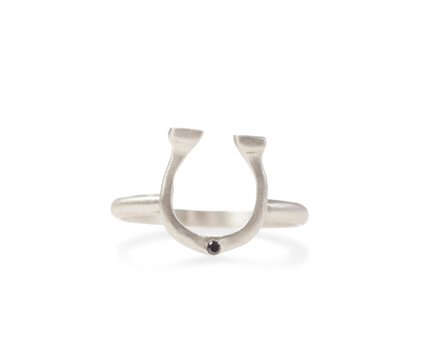 Lucky Horseshoe Ring in Sterling Silver with Black Sapphire