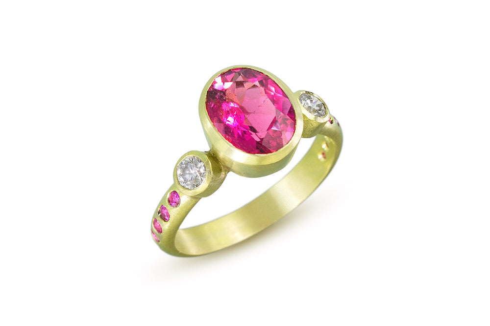 Three Stone Ring with Rubellite Tourmaline, Diamond, and Pink Sapphire in 18K Green Gold