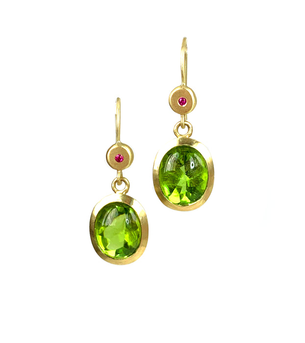 Amphora Earrings with Buff-Top Peridot and 14K Green Gold and Ruby Ear Wires