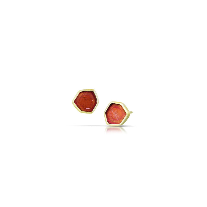 Red Tourmaline Slice Bezel Earrings in 14K Green Gold