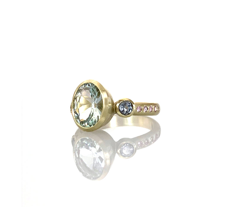 Three-Stone Ring with Mint Tourmaline, Blue Tourmaline, and Pink Sapphires in 14K Green Gold